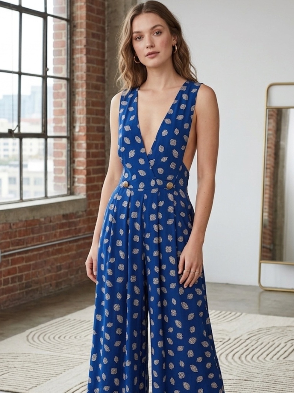 Navy Paisley Print Sleeveless Wide Leg Jumpsuit